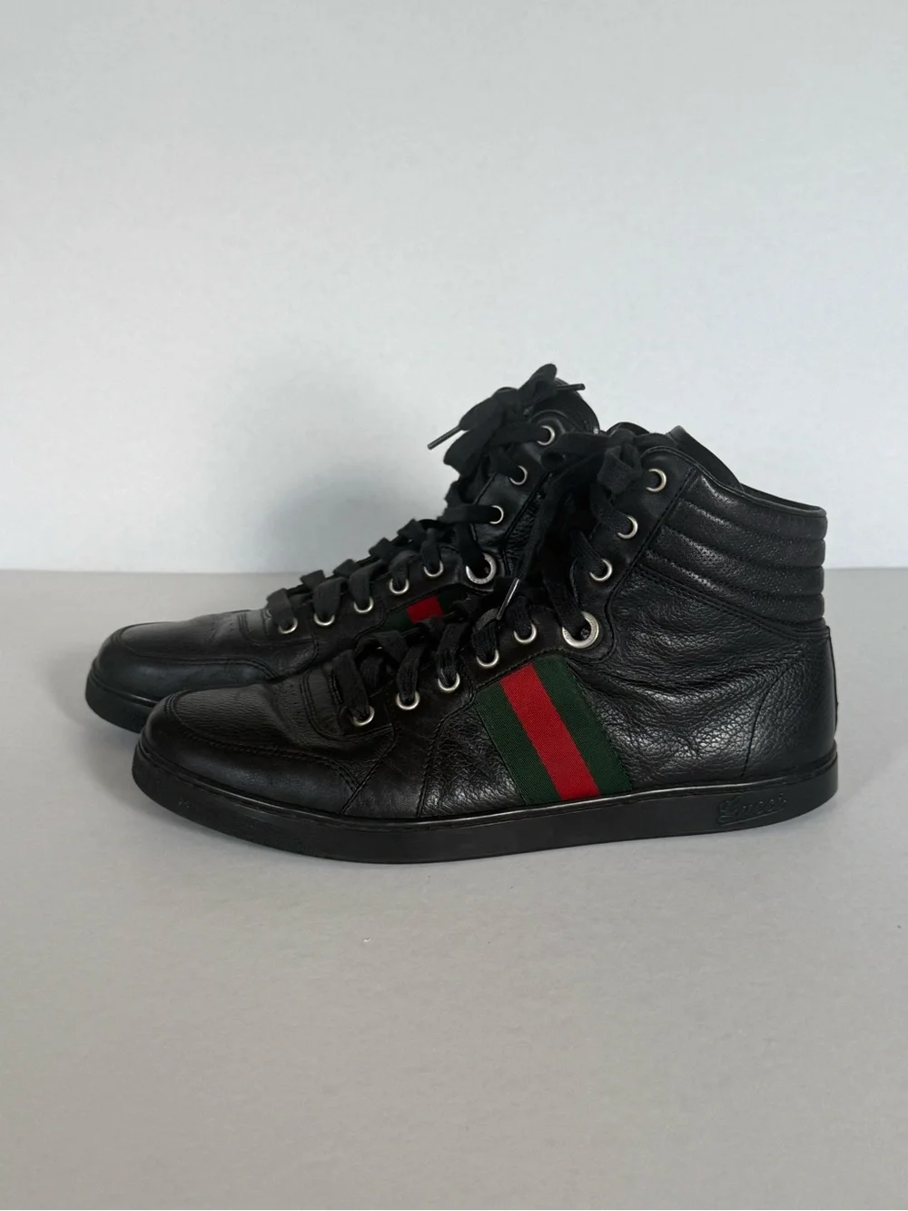 Gucci Black Leather Web High Top Sneakers